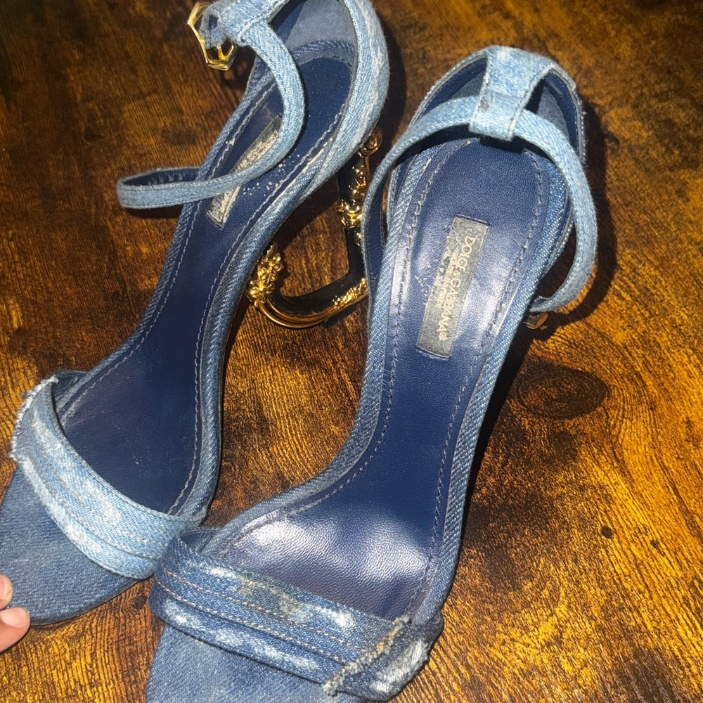 Dolce & Gabbana Denim Blue Heels with Gold Accents